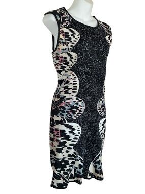 Sweater dress women's M grey with leopard print black/Cream scallop patterns euc